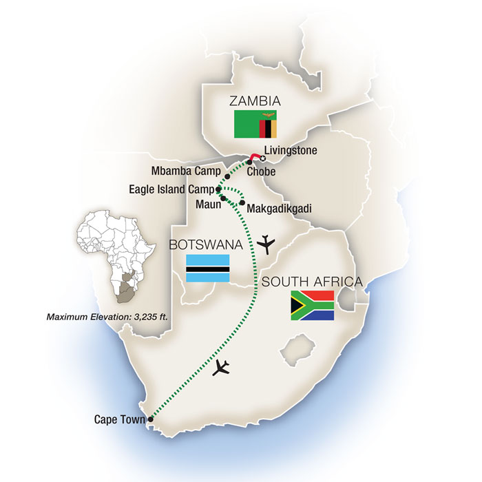 Botswana, South Africa & Zambia Itinerary Map