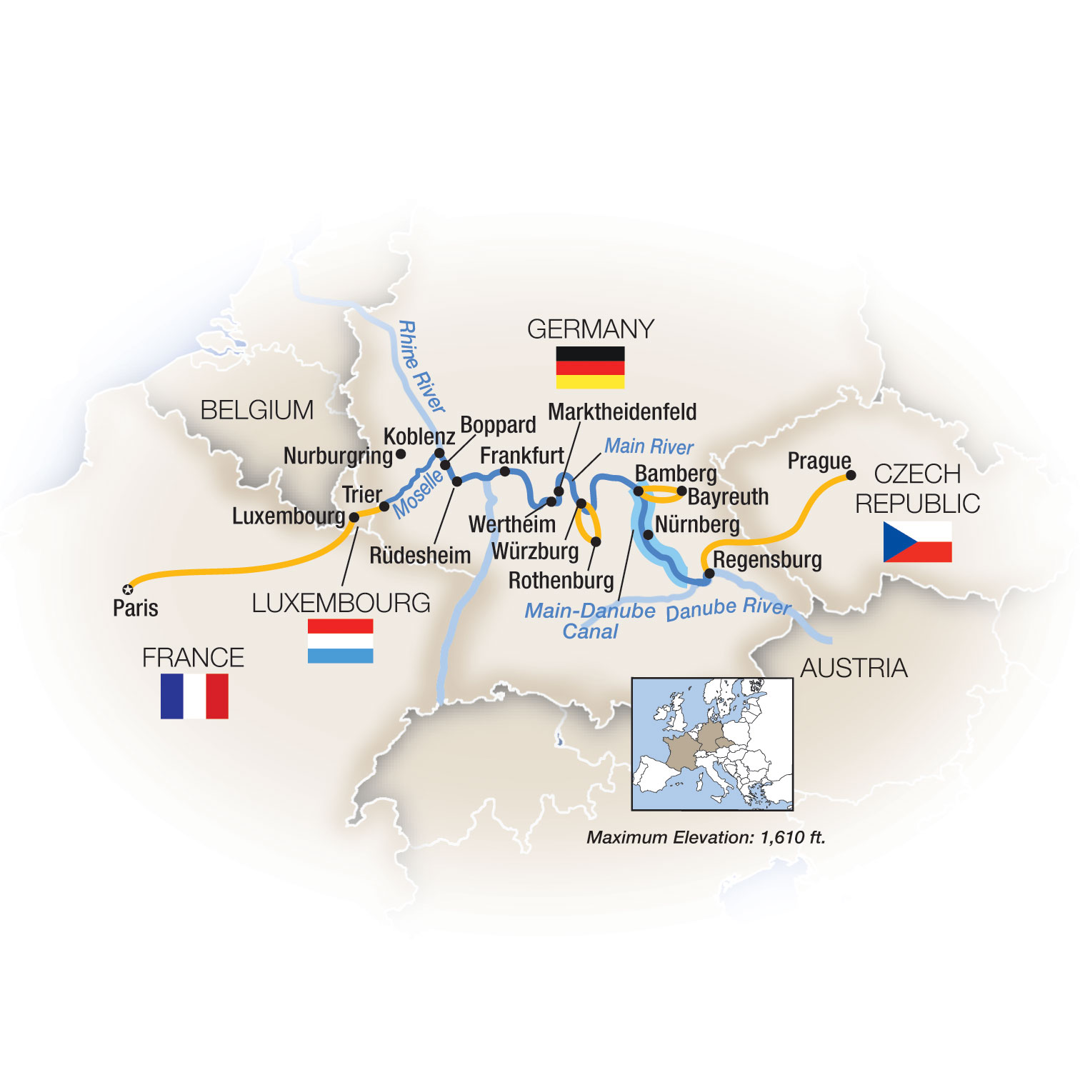 Romantic Capitals:  Paris to Prague - Eastbound Itinerary Map