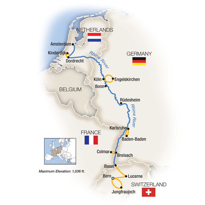 The Rhine, Swiss Alps & Amsterdam - Northbound Itinerary Map
