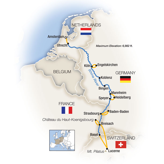 The Romantic Rhine: Amsterdam to Basel  - Southbound Itinerary Map