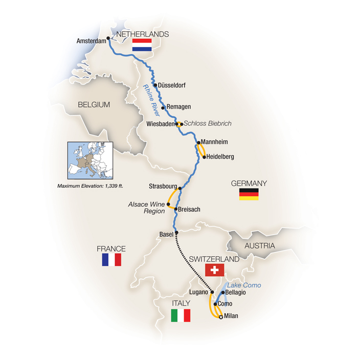 Rhine Enchantment, Milan to Amsterdam - Northbound Itinerary Map