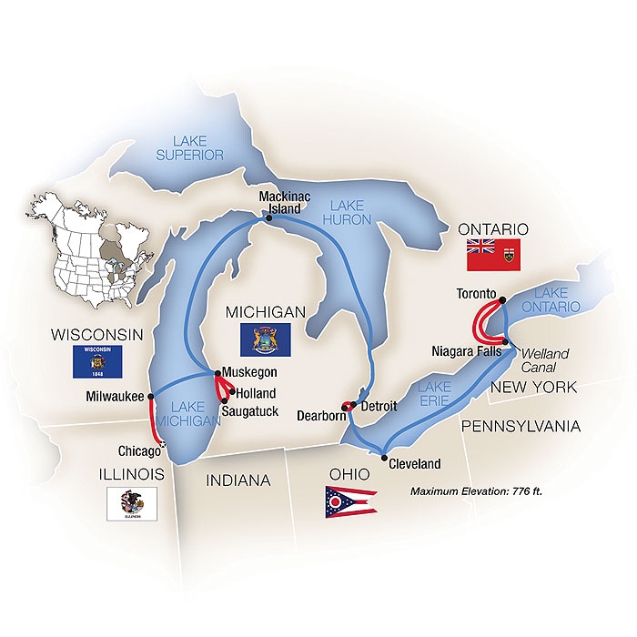 Cruising the Great Lakes: Chicago to Toronto - Eastbound Itinerary Map