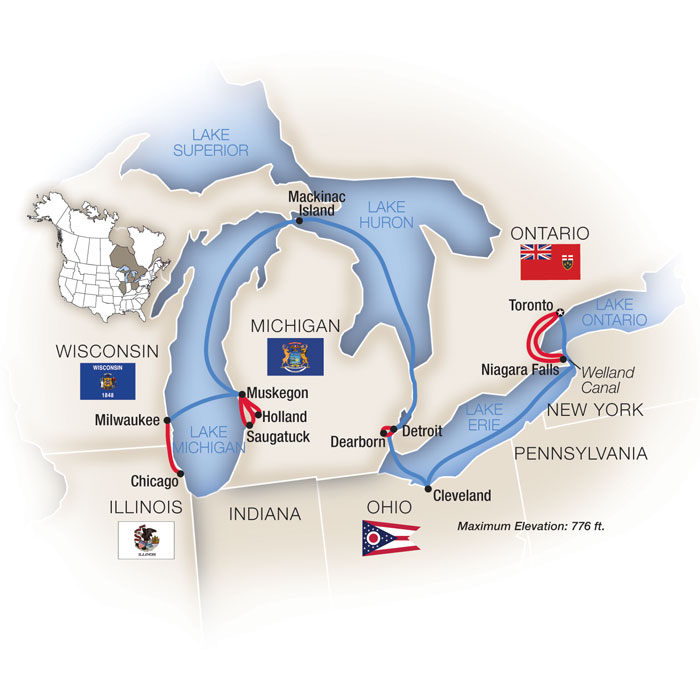 Cruising the Great Lakes:  Toronto to Chicago - Westbound Itinerary Map