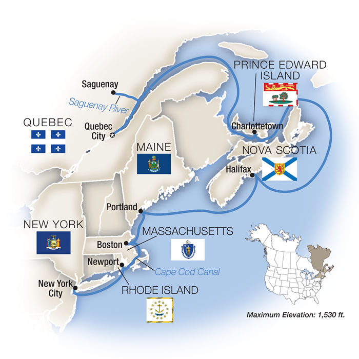 Shores of Eastern Canada and New England - Southbound Itinerary Map