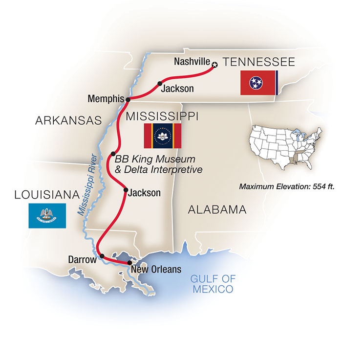 Music of America: Nashville to New Orleans Itinerary Map